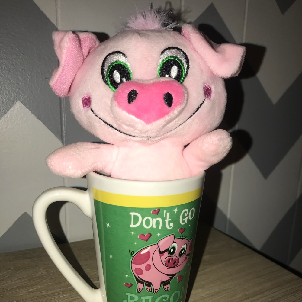 ‘Don’t go bacon my heart’ mug and plush animal set